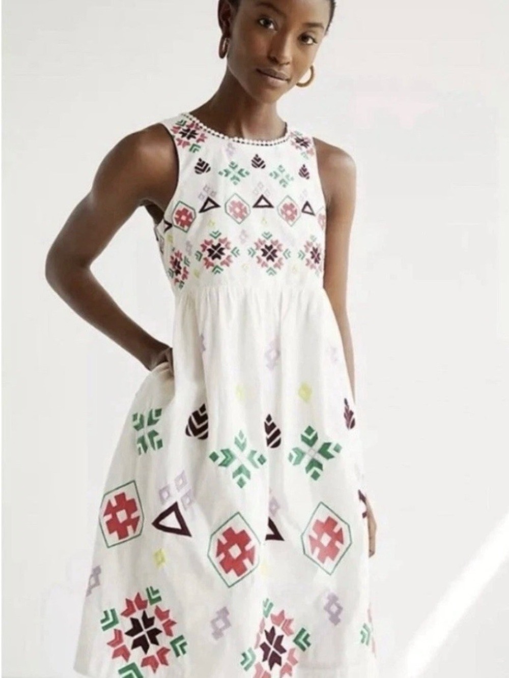 Anthropologie White Sleeveless Dress with Multicolor Embroidery